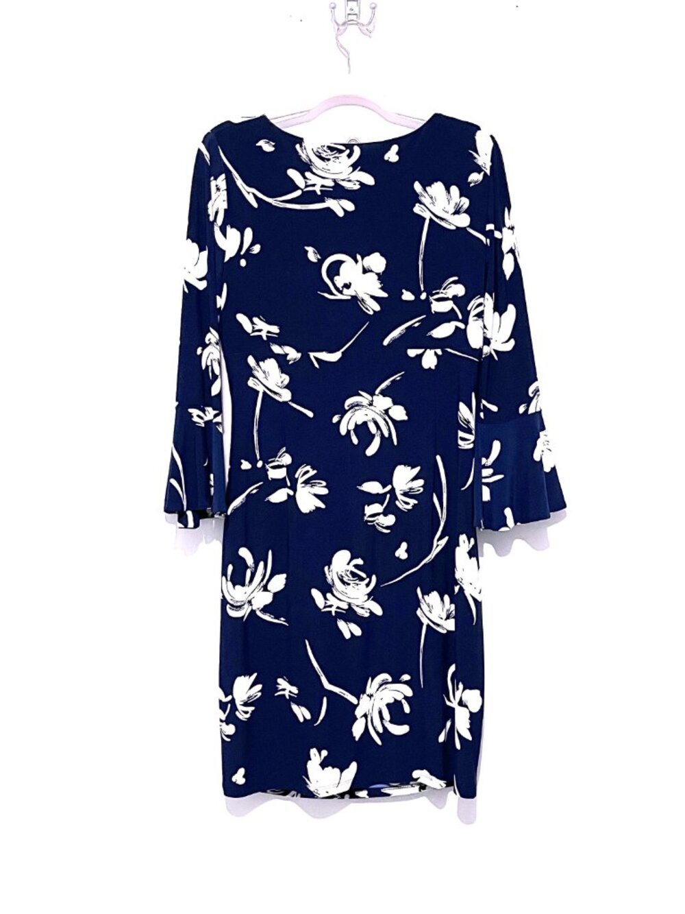 LRL Ralph Lauren Womens Flare Sleeve Wrap Dress 14 Navy Blue Floral Liquid Knit - Picture 2 of 5